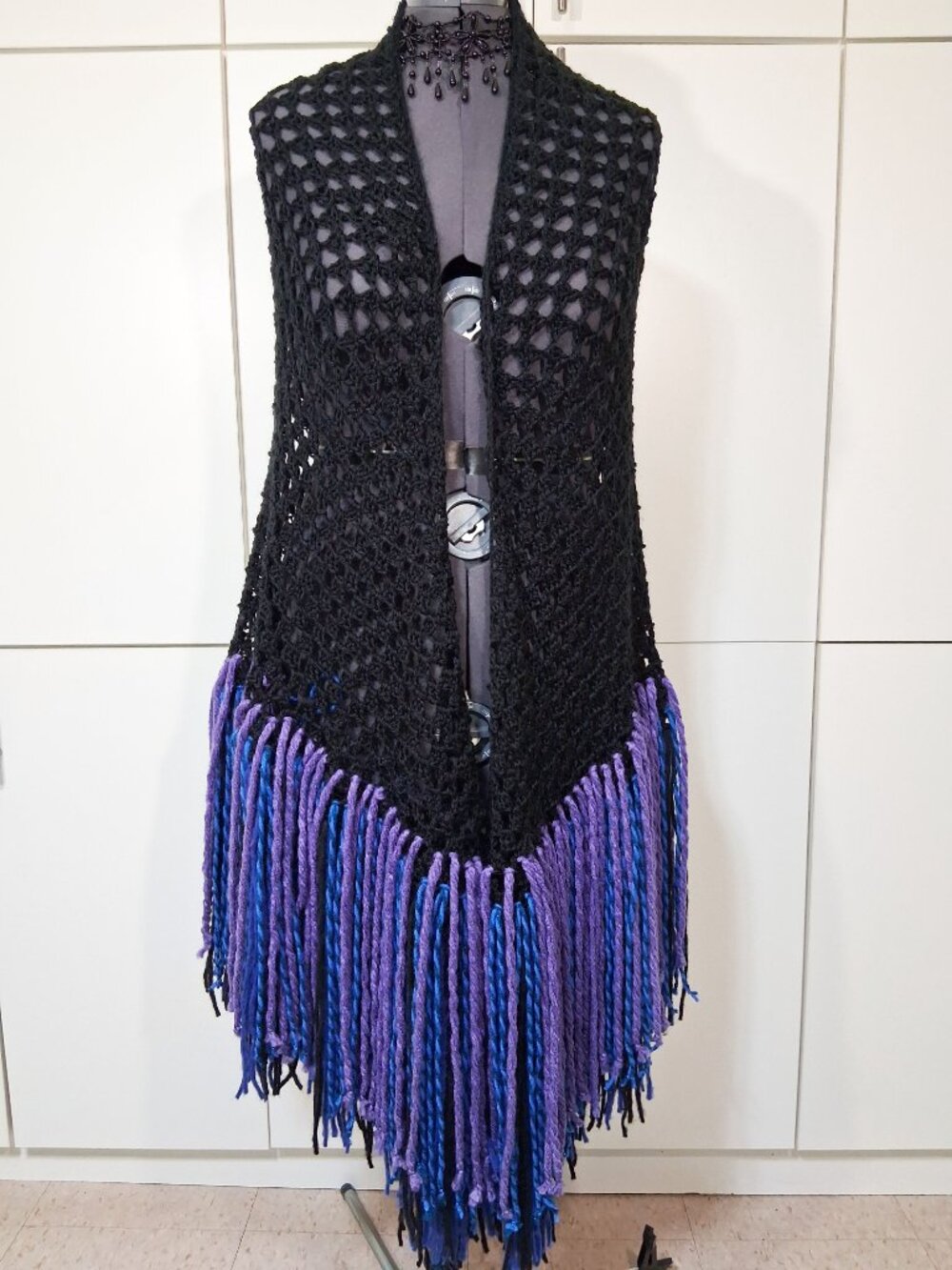 Boho Black with Royal Blue - Purple - Black Super Fringe Shawl - Picture 2 of 12